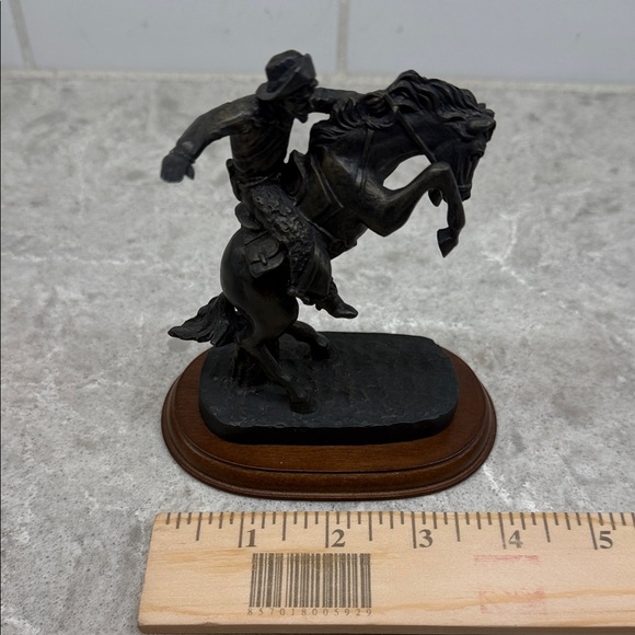 Statue of Cowboy and Bucking Bronco Equestrian Sculpture on wood base. 5 in x4.5 - Picture 7 of 7